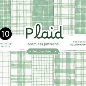 Celadon Green Watercolor Plaid - Confezione di carte digitali. Motivi acquerello stampabili senza soluzione di continuità. Clipart originale dipinta a mano