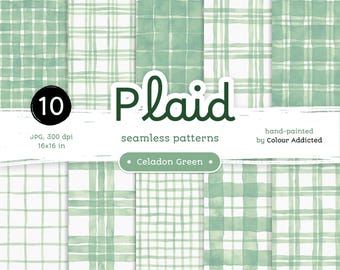 Celadon Green Watercolour Plaid - Pack of Digital Papers. Seamless Printable Watercolor Patterns. Original  hand-painted clipart