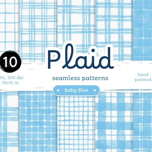 Baby Blue Plaid - Confezione di carte digitali. Motivi acquerellabili stampabili senza soluzione di continuità. Clipart originale dipinta a mano