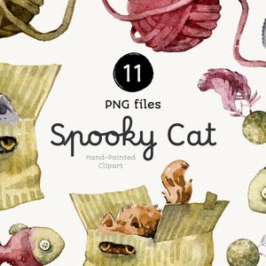 Clipart de acuarela de gatos. Pegatinas imprimibles con gatitos, juguetes de peces y ovillos de lana. Ilustraciones originales pintadas a mano y sombrías