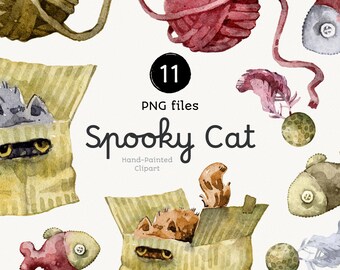 Watercolor Cat Clipart: Kitten Stickers, Fish Toys, Yarn (Digital Download)