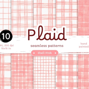 Shell Pink Plaid - Confezione di carte digitali. Motivi acquerellabili stampabili senza soluzione di continuità. Clipart originale dipinta a mano