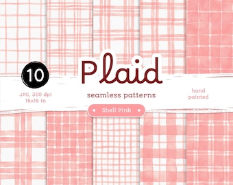 Shell Pink Plaid - Pack of Digital Papers. Seamless Printable Watercolor Patterns. Original  hand-painted clipart