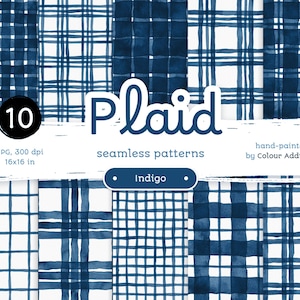 Plaid acquerello indaco - Confezione di carte digitali. Motivi acquerello stampabili senza soluzione di continuità. Clipart originale dipinta a mano
