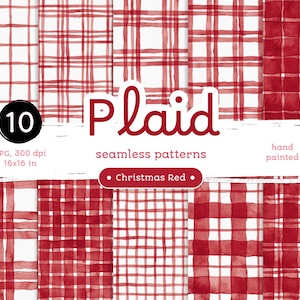 Christmas Red Plaid - Confezione di carte digitali. Motivi acquerellabili stampabili senza soluzione di continuità. Clipart originale dipinta a mano