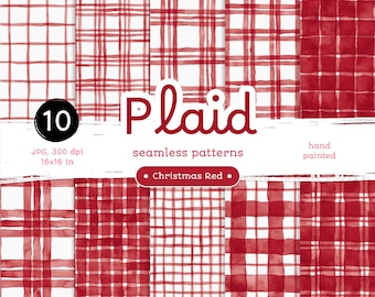 Christmas Red Plaid - Pack of Digital Papers. Seamless Printable Watercolor Patterns. Original  hand-painted clipart
