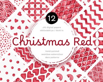 Christmas Red Deco - Pack of Digital Papers. Set of Watercolor Seamless Patterns. Printable Polka Dot, Chic, Scales, Chevron, Hearts