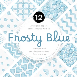 Frostig Blaue Digitale Papiere. Packung mit Aquarell-nahtlosen Deko-Mustern. Aquarell druckbare Polka Dot, Chic, Waage, Chevron und Herzen