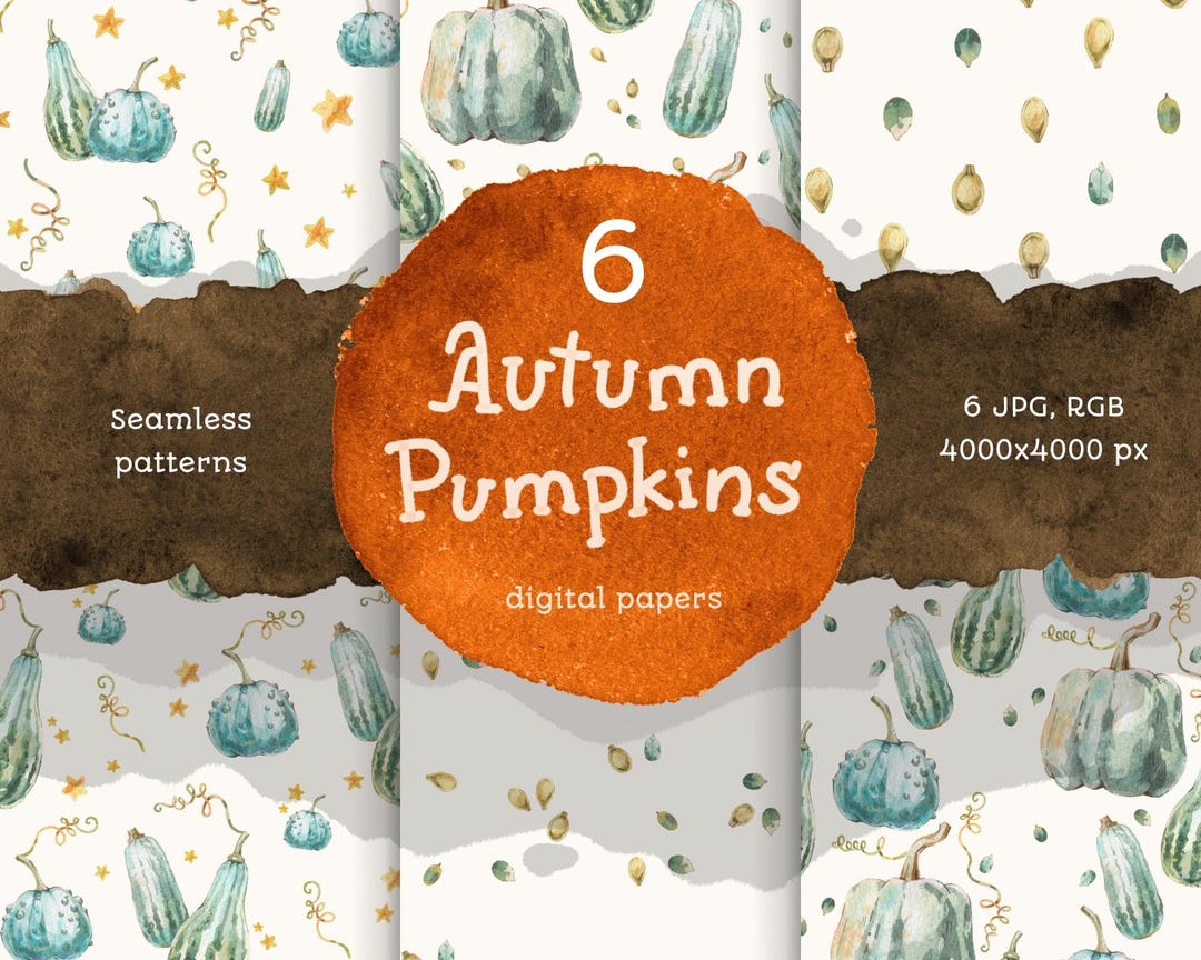 Pumpkin Digital Paper Watercolor Pack of Seamless Patterns for Instant ...