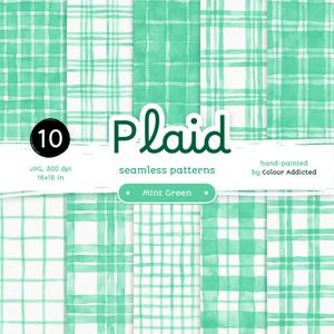 10 mintgroene aquarel plaid - pak naadloze digitale papieren. Afdrukbare aquarelpatronen. Originele handgeschilderde clipart