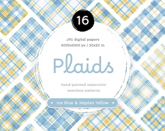 Blue & Yellow Watercolor Plaid: Seamless Digital Paper (JPG)