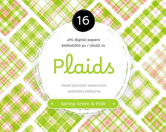 Green & Pink Watercolor Plaid: Seamless Digital Paper Set (Digital Download)