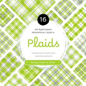 Puede incluir: Un conjunto de 16 papeles digitales con patrones de cuadros de acuarela en verde primavera y plata. Cada papel mide 6000x6000 píxeles, o 20x20 pulgadas.