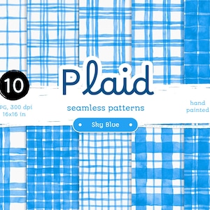 Sky Blue Plaid - Confezione di carte digitali. Motivi acquerellabili stampabili senza soluzione di continuità. Clipart originale dipinta a mano