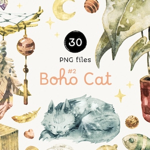 Clipart aquarelle chat bohème, vol. 2. Stickers imprimables avec Dream Cather, des plantes, des tasses, des coeurs et des jouets pour chats. Illustrations peintes à la main