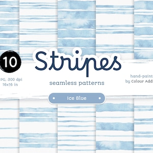 Ice Blue Watercolor Stripes - Packung nahtlose digitale Papiere. Druckbare Aquarell Muster. Original handgemaltes Clipart