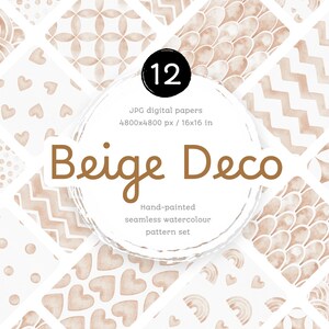 Papeles digitales beige. Paquete de patrones de acuarela para decoración sin costuras. Imprimibles en acuarela con lunares, chic, escamas, chevrones, corazones y arcoíris.
