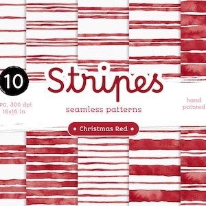 Christmas Red Striped - Confezione di carte digitali. Motivi acquerellabili stampabili senza soluzione di continuità. Clipart originale dipinta a mano