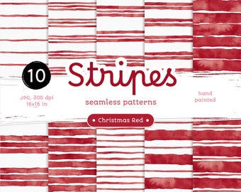 Christmas Red Striped Watercolor Patterns: Seamless Digital Paper (JPG)
