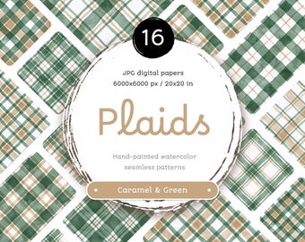 Watercolor Plaid Digital Paper: Caramel & Green Seamless Patterns (Digital Download)