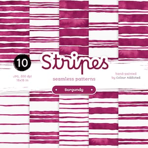 10 Burgundy Watercolor Striped JPG - Confezione di carte digitali senza soluzione di continuità. Motivi acquerello stampabili. Clipart originale dipinta a mano