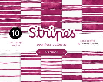 Burgundy Watercolor Striped Digital Paper: Seamless Patterns (JPG)