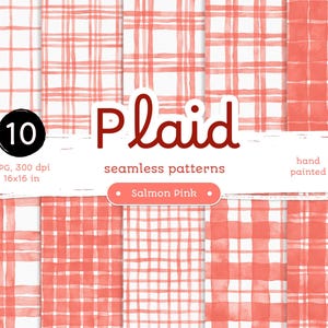 Plaid rosa salmone - Confezione di carte digitali. Motivi acquerellabili stampabili senza soluzione di continuità. Clipart originale dipinta a mano