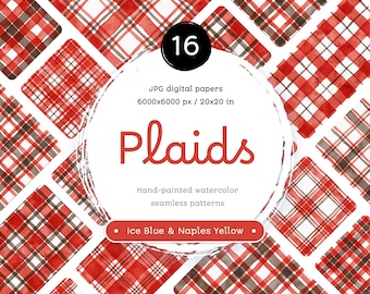 Watercolor Plaid Digital Paper: Vermilion Taupe Seamless Patterns (Digital Download)