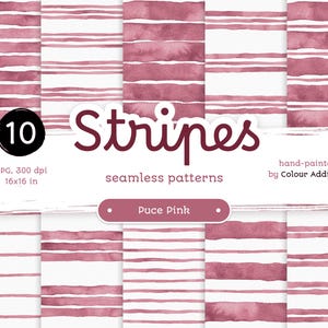 Puce Pink Watercolor Stripes - Confezione di carte digitali senza soluzione di continuità. Motivi acquerello stampabili. Clipart originale dipinta a mano