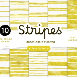 Pear Yellow Stripes - Confezione di carte digitali. Motivi acquerellabili stampabili senza soluzione di continuità. Clipart originale dipinta a mano