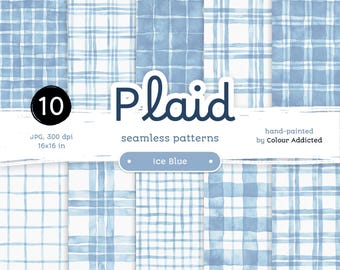 Ice Blue Watercolor Plaid - Pack of Seamless Digital Papers. Printable Watercolor Patterns. Original  hand-painted clipart