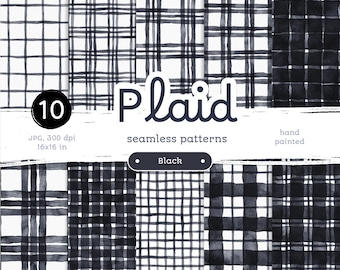 Black Plaid - Pack of Digital Papers. Seamless Printable Watercolor Patterns. Original  hand-painted clipart