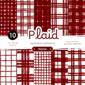10 Maroon Red Watercolor Plaid - Confezione di carte digitali senza cuciture. Motivi acquerello stampabili. Clipart originale dipinta a mano