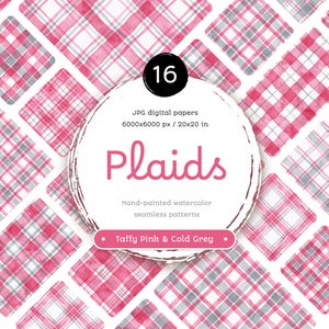 Taffy Pink & Cold Grey Aquarell Plaids - Packung nahtlose digitale Papiere. Druckbare Aquarell Muster. Original handgemaltes Clipart