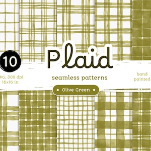 Olive Green Plaid - Confezione di carte digitali. Motivi acquerello stampabili senza soluzione di continuità. Clipart originale dipinta a mano