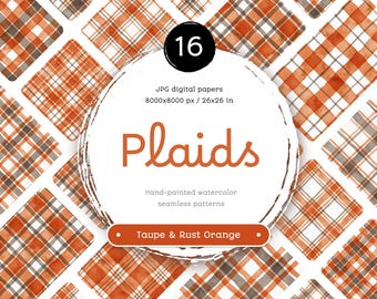 Watercolor Plaid Digital Paper: Rust Orange & Taupe (Seamless, 16 JPG)