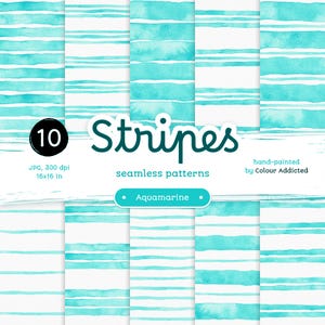 10 JPG rayés bleu aigue-marine - Paquet de papiers numériques sans couture. Motifs aquarelles imprimables. Images clipart originales peintes à la main