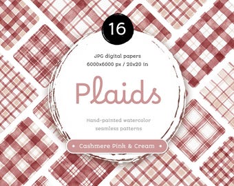 Watercolor Plaid Digital Paper Pack: Dusty Rose Pink & Cream (Seamless JPGs, 20x20 inches)
