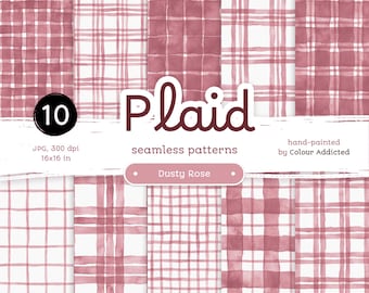 Dusty Rose Watercolor Plaid: Seamless Digital Paper (10 JPG)