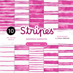10 Fuchsia Watercolor Striped JPG - Confezione di carte digitali senza soluzione di continuità. Motivi acquerello stampabili. Clipart originale dipinta a mano