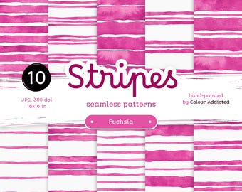 Fuchsia Watercolor Striped Digital Paper: Seamless Patterns (JPG)