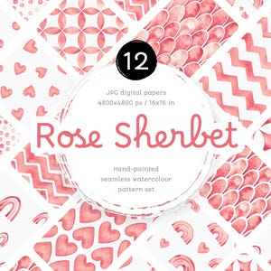 Rose Digital Papiere. Packung mit Aquarell-nahtlosen Deko-Mustern. Aquarell druckbare Polka Dots, Chic, Schuppen, Chevron, Herzen und Regenbogen