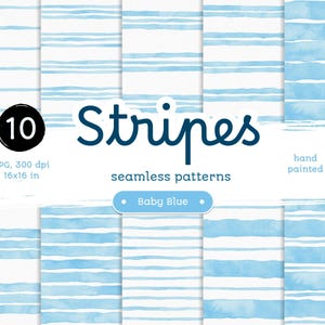 Baby Blue Stripes - Confezione di carte digitali. Motivi acquerellabili stampabili senza soluzione di continuità. Clipart originale dipinta a mano