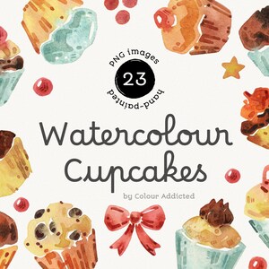 Cupcakes und Schleifen - Packung von handgemalten Aquarell PNG Muffins zum Digitalen Download. Druckbare Aquarell Clipart für Cafe Menü-Designs