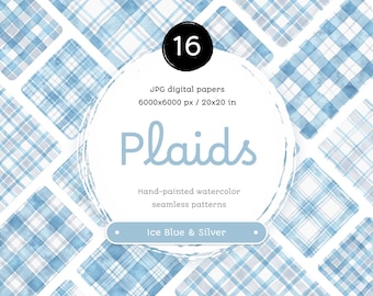 Ice Blue Plaid Watercolor Digital Paper: Seamless Patterns (JPG, 20x20 in)