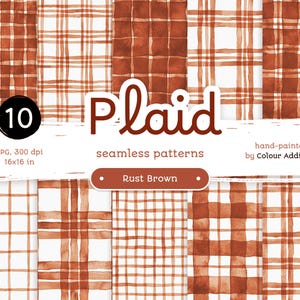 Rust Brown Watercolor Plaid - Confezione di carte digitali senza cuciture. Motivi acquerello stampabili. Clipart originale dipinta a mano