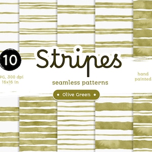 Olive Green Stripe - Confezione di carte digitali. Motivi acquerello stampabili senza soluzione di continuità. Clipart originale dipinta a mano