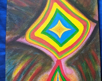 May include: Abstract painting on canvas with a central diamond shape with concentric rings of red, yellow, green, and blue. The diamond shape has a yellow star in the center. The background is dark brown with streaks of color.