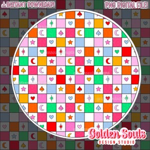 May include: A circular design with a repeating pattern of hearts, stars, crescent moons, and spades in a grid. The grid is made up of alternating colors: red, orange, yellow, green, blue, pink, and white. The design is surrounded by a white circle with a black outline.