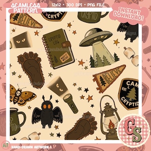 May include: A seamless digital pattern featuring illustrations of a cryptid log notebook, a UFO, a flashlight, a moth, a lantern, a Bigfoot footprint, a pennant with the text BELIEVE, and a camp badge on a light beige background with stars.
